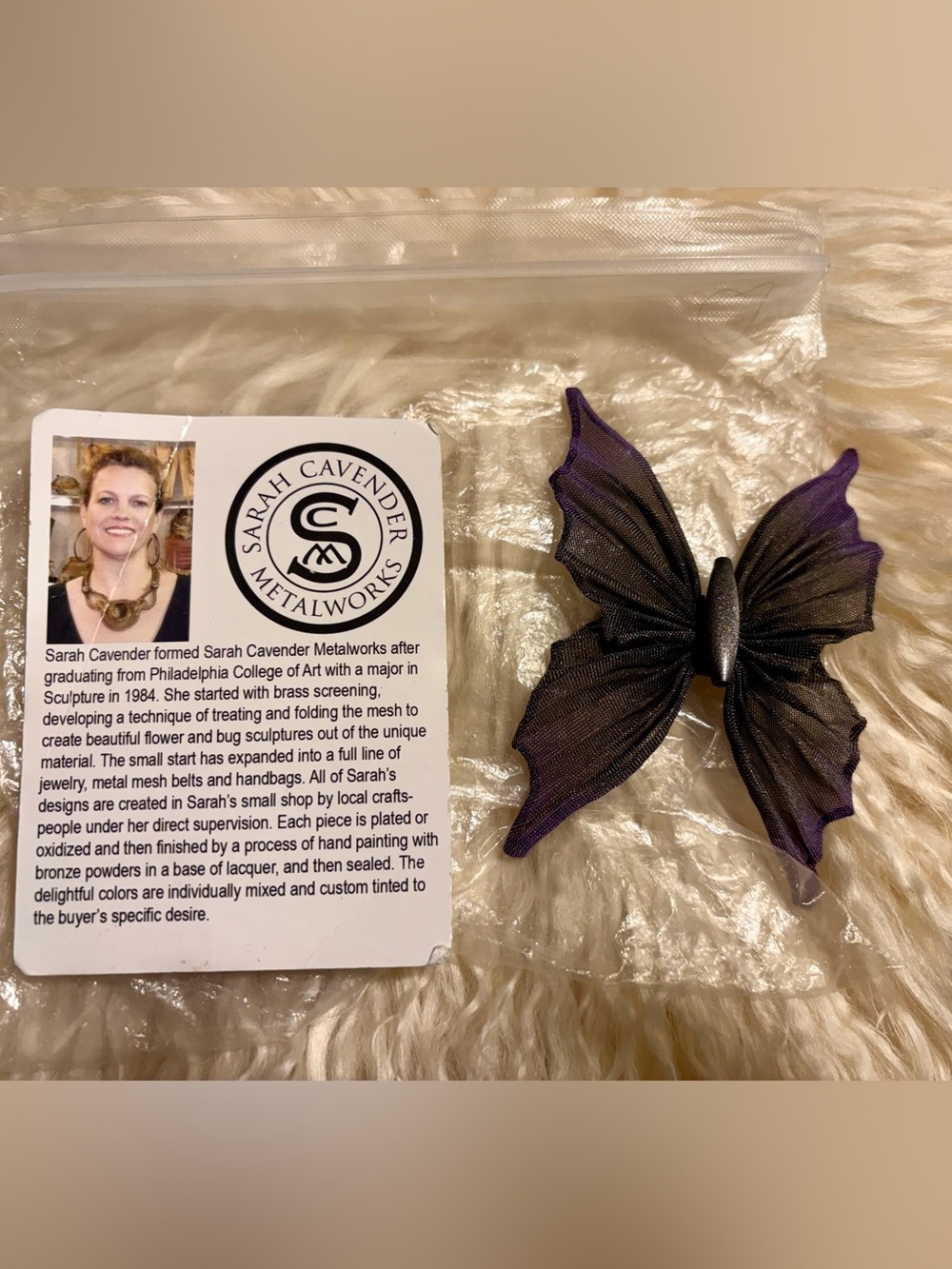 Sarah Cavender Metalworks Purple Metal Mesh Butterfly Brooch Handmade USA
